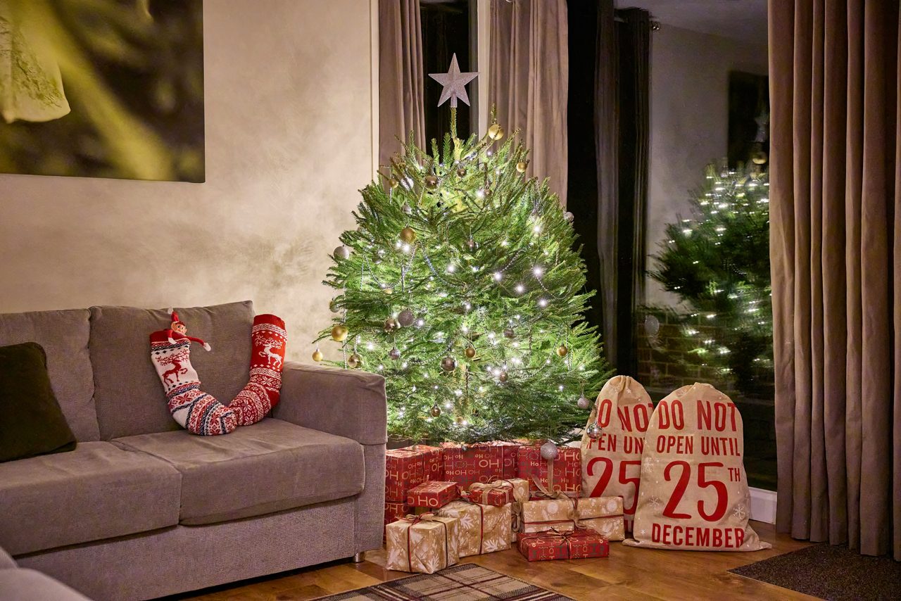 A christmas tree in a lodge.